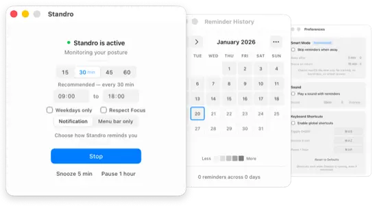 Standro app interface showing the main window, reminder history calendar, and preferences panel