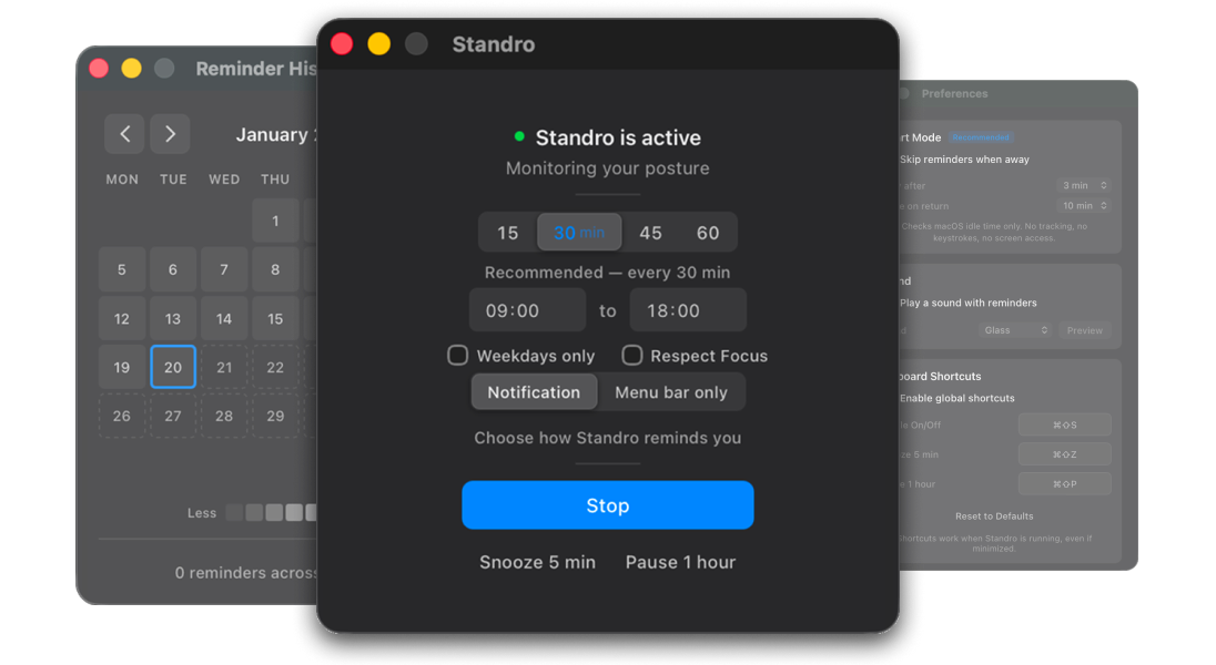 Standro macOS menu bar app with native dark and light mode support